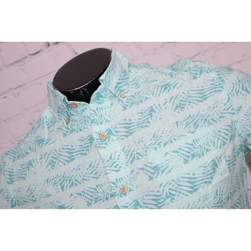 Southern Tide Shirt Mens Small Aqua Palm Leaf Linen Blend Short Sleeve Button Up
